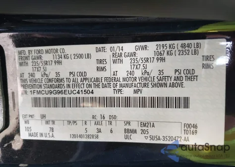 2014 Ford Escape Se из США, поврежденный, VIN 1FMCU9G96EUC41504